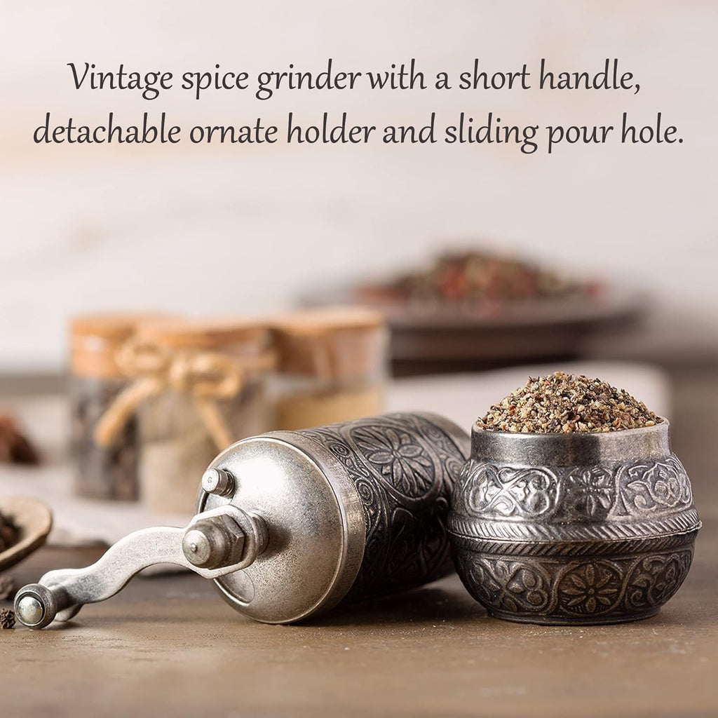 Decorative Black Pepper Grinder, Refillable Turkish Spice Mill with Adjustable Coarseness, Manual Pepper Mill with Handle, Spice Grinder Metal with Hand Crank, Dark Silver