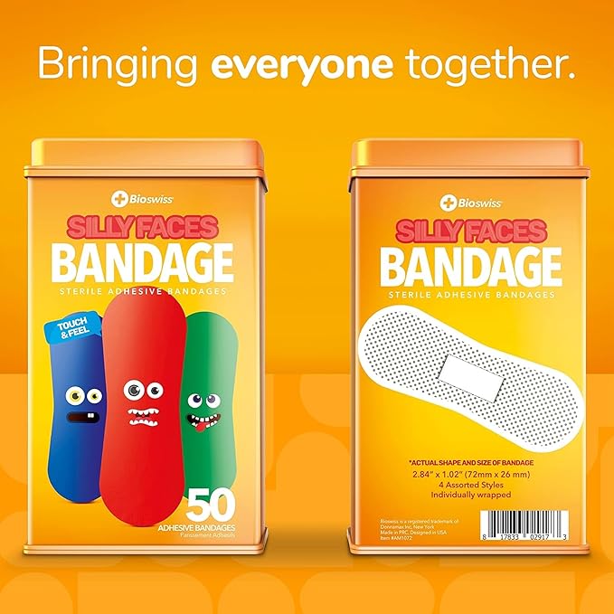 BioSwiss Bandages, Silly Faces Shaped Self Adhesive Bandage, Latex Free Sterile Wound Care, Fun First Aid Kit Supplies for Kids, 50 Count