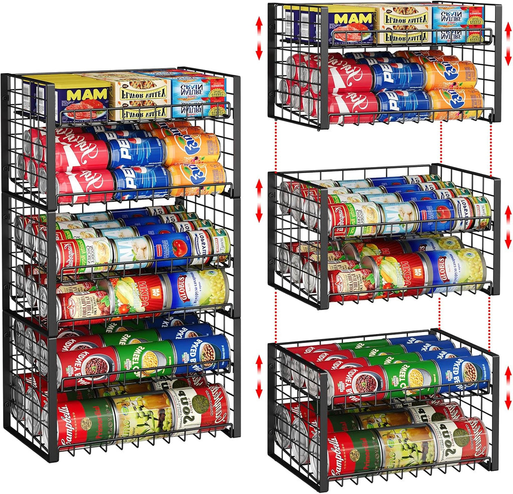 3-Pack Stackable Can Rack Organizer for Pantry, Adjustable Can Holder for Various Ounce of Cans up to 90, Rolling Can Dispenser for Canned Food Soup Goods Storage in Kitchen Cabniet, 2 Tier, Black