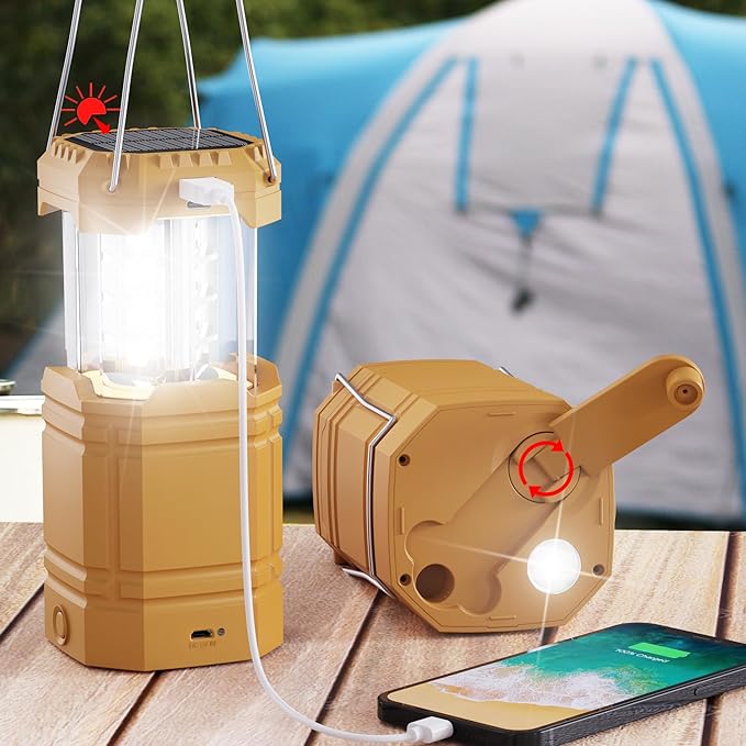 3000 Large Capacity Hand Crank Solar Camping Lantern, Portable Ultra Bright LED Torch, 23-26 Hours Running Time, USB Charger, Electronic Lantern for Outdoor