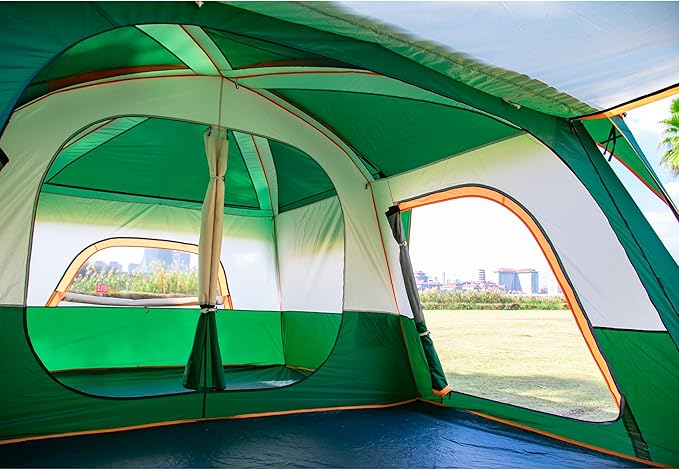 KTT Extra Large Tent 10-12-14 Person(A),Family Cabin Tents,2 Rooms,3 Doors and 3 Windows with Mesh,Straight Wall,Waterproof,Double Layer,Big Tent for Outdoor,Picnic,Camping,Family Gathering