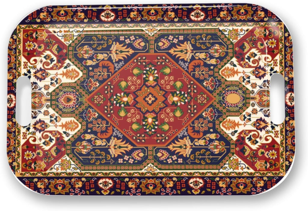 Serving Trays with Handles, 14.5 x 9.8 inch Rectangular Plastic Tray for Restaurant, Kitchen, Dark Red Pattern