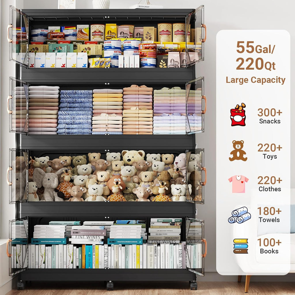 275Gal Plastic Stackable Storage Bins with Lid, 1100QT Extra Large Closet Organizers Collapsible Cabinets Boxes With Drawers, Foldable Containers with 6x Wheels for Home Kitchen, V60 5Pack Black