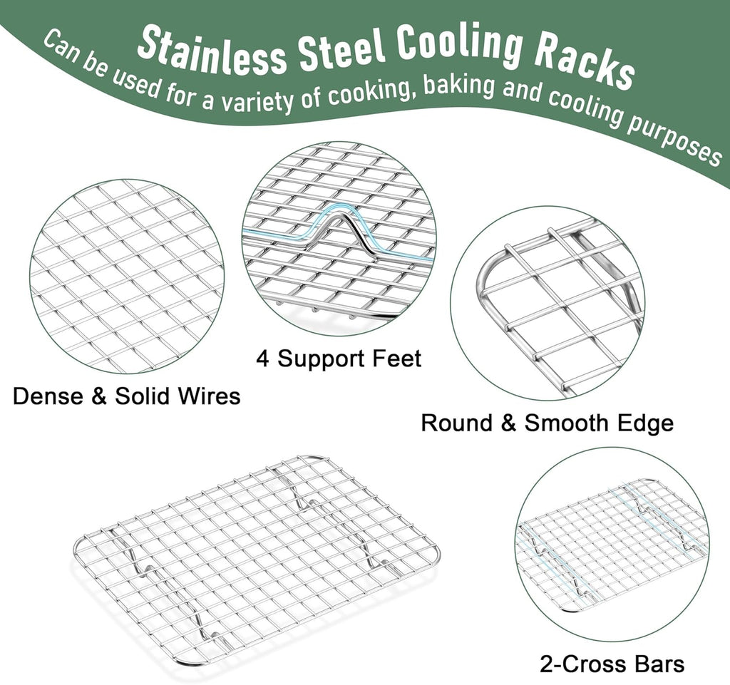 Toaster Oven Pan with Rack Set (2 Small Baking Sheets+2 Grill Racks), 9 x 7 Inch Stainless Steel Small Cookie Sheets Bacon Tray with Grid Cooling Racks for Baking Roasting Grilling, Dishwasher Safe