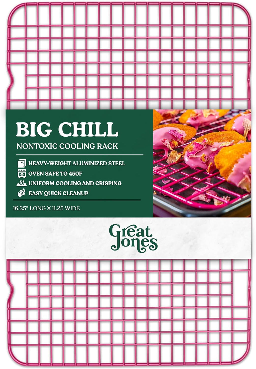Great Jones Big Chill Wire Cooling Rack (Raspberry) – 16.25" × 11.25" Heavy-Weight Aluminized Steel,Nonstick Baking Rack – Oven Safe 450 °F, Bacon & Cookie Cooling Rack – Fits Half Sheet Pans