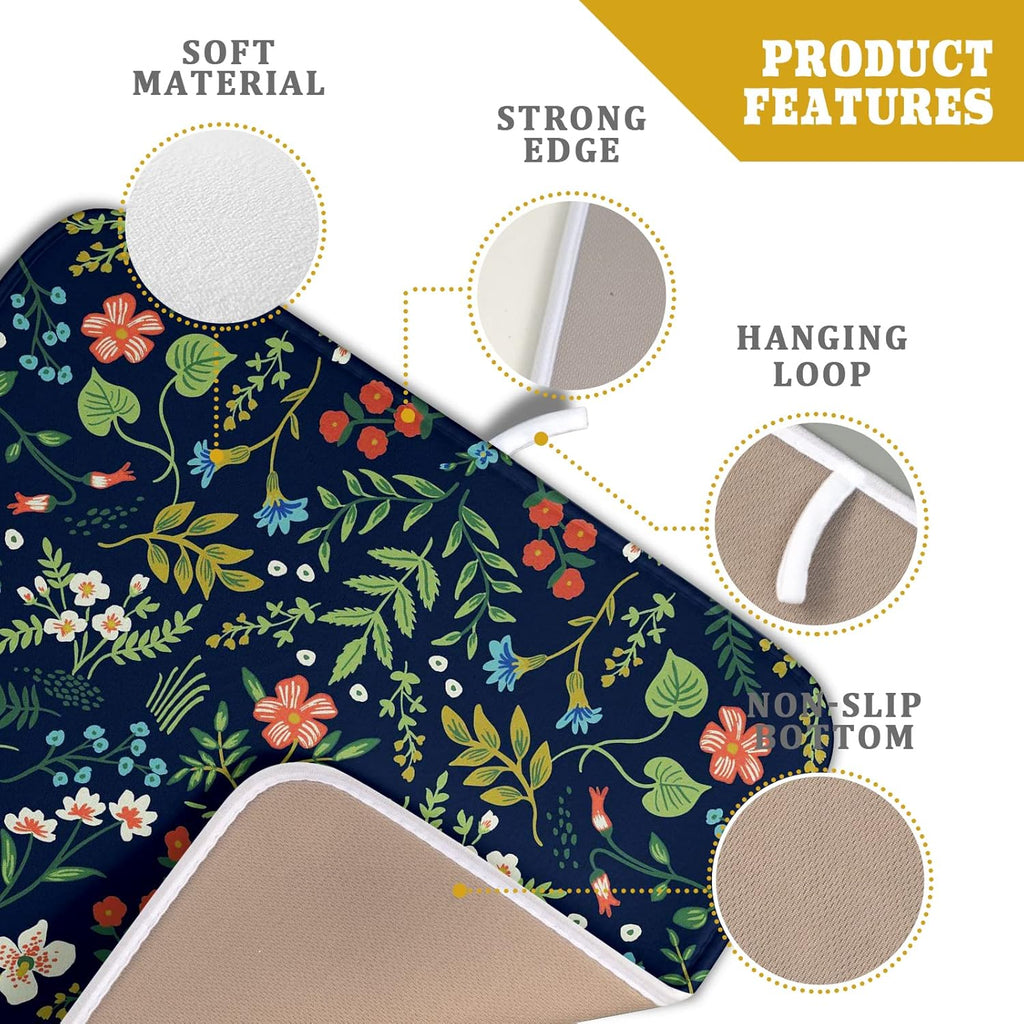 Flower Floral Dish Drying Mat 18x24 inch Microfiber Navy Blue Drying Mats with Hanging Loop Absorbent Green Leaves Dish Drainer Mat Reversible Flowers Drying Pad for Kitchen Counter Sink