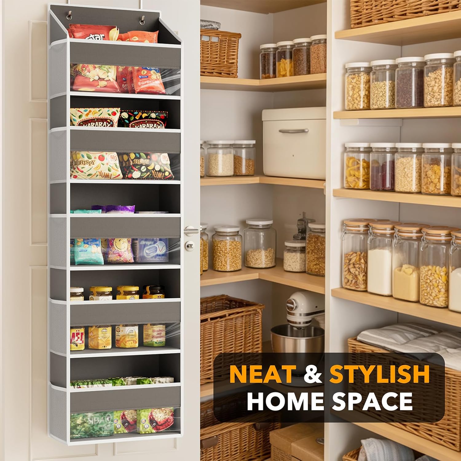 SpaceAid 1 Pack Over The Door Organizer with 5 Large Pockets and 10 Mesh Side Pockets, 5 Layers Door Organizer Hanging with Clear Window for Bedroom, Bathroom, Pantry and Nursery, Gray