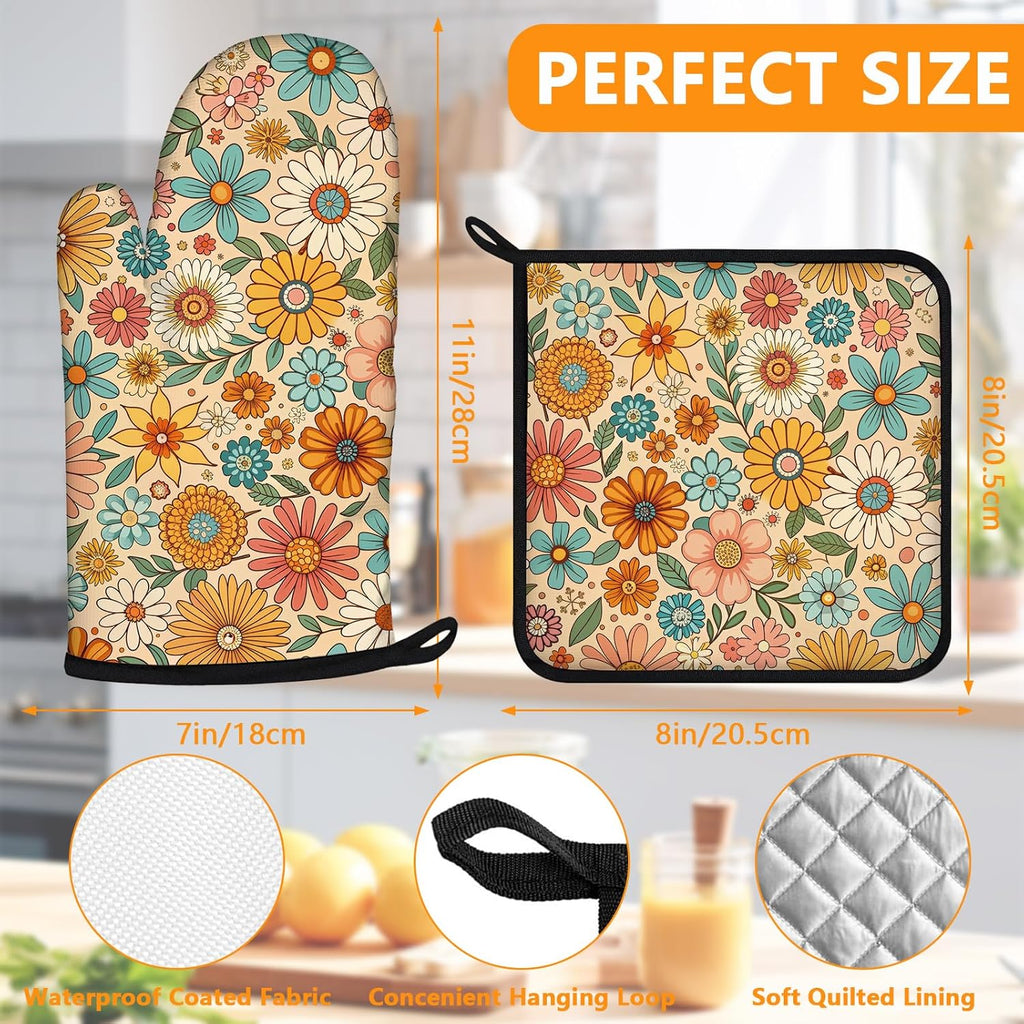 Boho Floral Oven Mitts and Pot Holders Sets 4Pcs,Extra Long Oven Gloves Potholder for Kitchen Cooking Baking BBQ 100% Cotton Heat Resistant