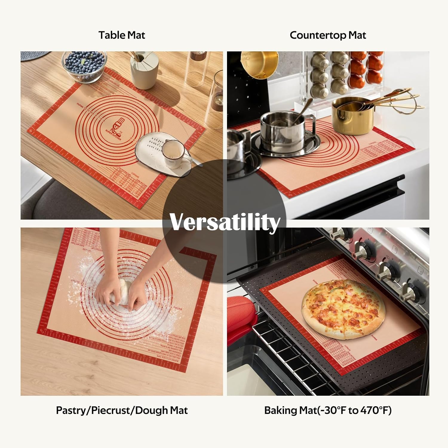 Extra Thick Silicone Pastry Mat Large for NonStick Baking Mat with Measurement，For Kneading,Fondant/Counter Pad, Dough Rolling, Silicon Cookie Sheet, Pie Crust Bake (16×20, Red)