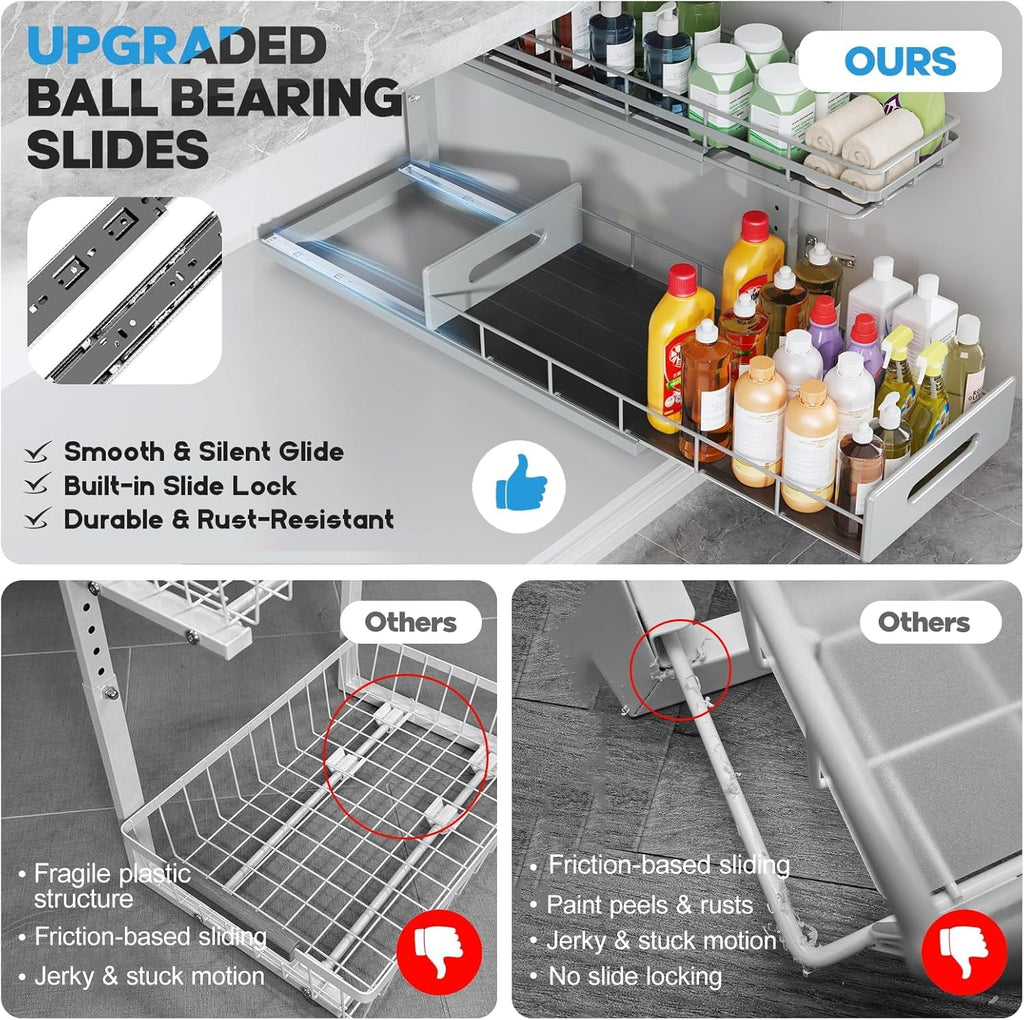 2 Pack 21 in Depth Pull Out Cabinet Storage with Smooth Rails,2-Tier Dual Pull Out Cabinet Storage for Bathroom Kitchen,Under Sink Shelf-Gun Gray