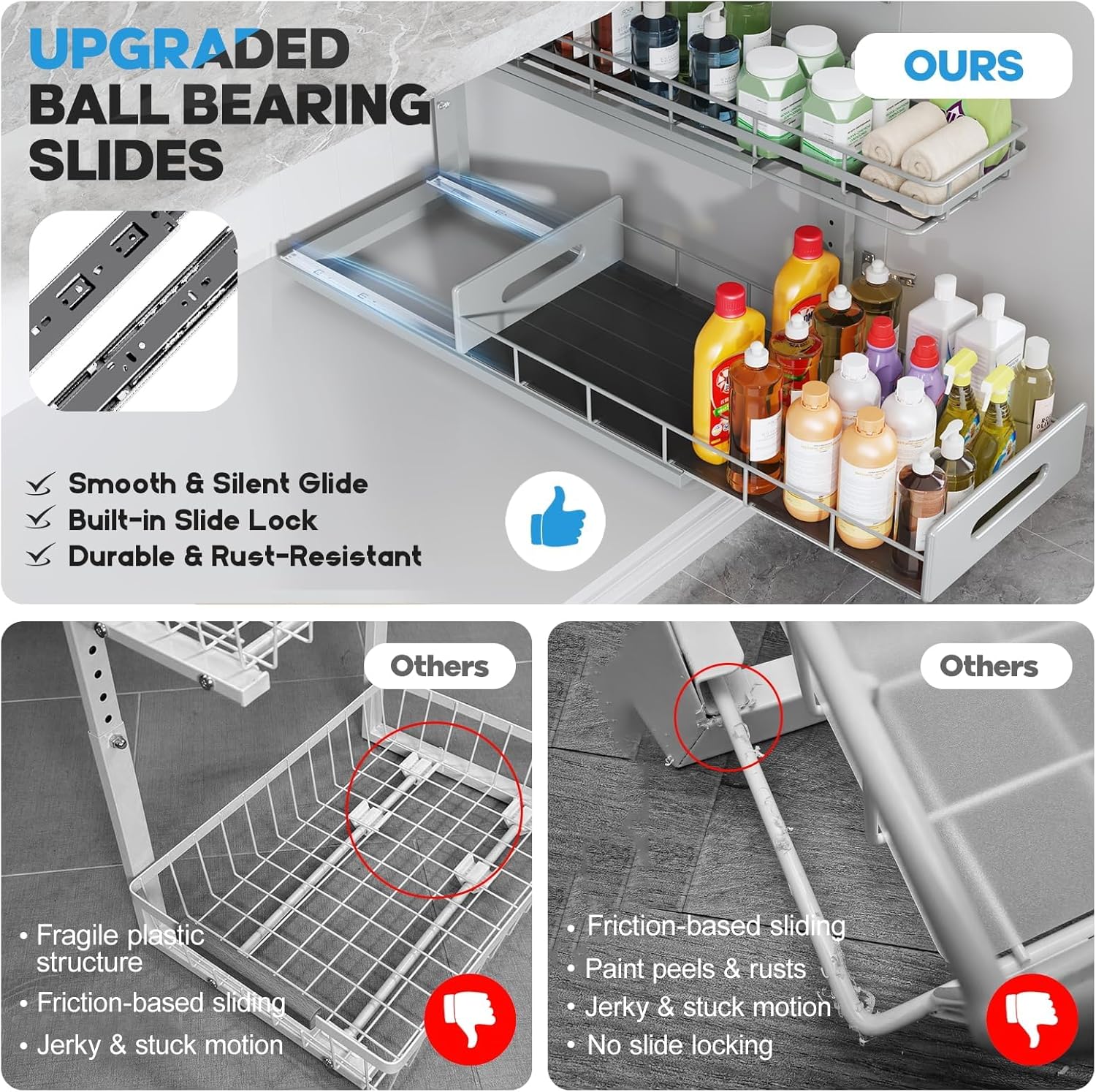 2 Pack 21 in Depth Pull Out Cabinet Storage with Smooth Rails,2-Tier Dual Pull Out Cabinet Storage for Bathroom Kitchen,Under Sink Shelf-Gun Gray