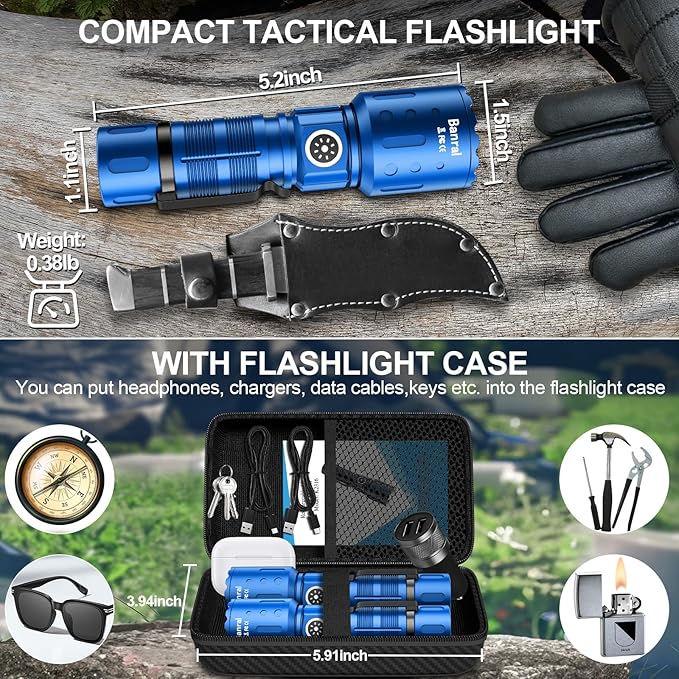 Flashlights High Lumens Rechargeable, 20,000 Lumens Super Bright 1500 Meters Long Range Small Powerful Flashlight, 6 Modes LED Tactical Pocket Waterproof Flash Light for Home Emergency (2, Blue)