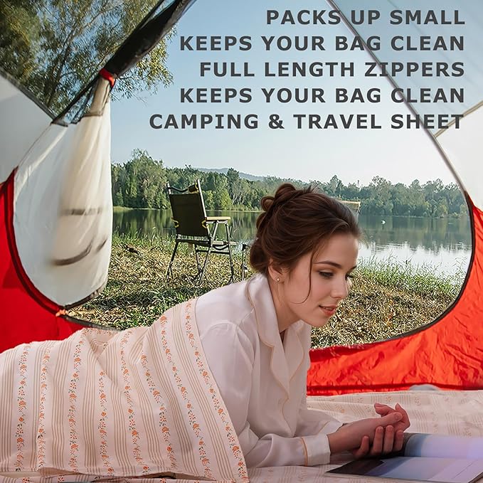 100% Cotton Sleeping Bag Liner with Full Length Zipper on 3 Sides; Single/Double Adult Sleep Sack for Travel & Camping, Multifunctional Travel Sheets (Unzipped 87”x87”) for Hotel, Lightweight