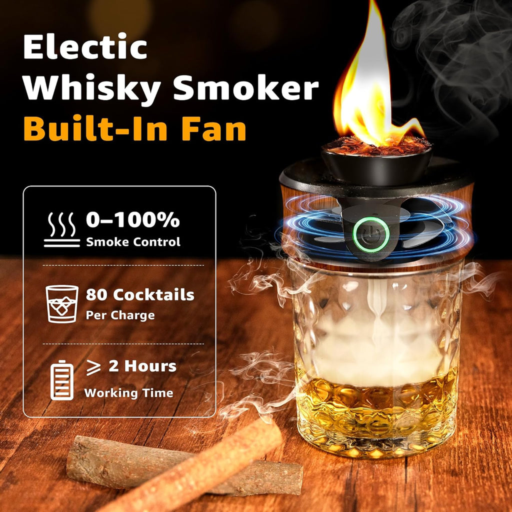 Electric Whiskey Smoker Kit with Torch, Premium Wooden Box, 4 Wood Chips, Ice Molds, Recipes, Cocktail Smoker Kit for Bourbon & Old Fashioned, Ideal Gift for Dad, Husband and Men (No Butane)