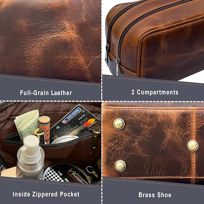 RUSTIC TOWN Leather Toiletry Bag for Men - Travel Shaving Dopp Kit - Bathroom Shower Toiletries Organizer - Leather Cosmetic Bag for Women (Antique Brown)