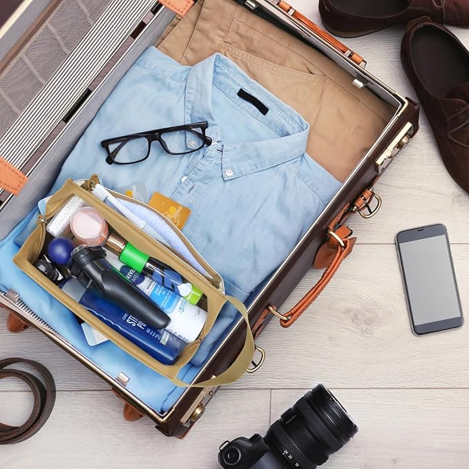 TACTICISM Clear Toiletry Bag for Men - Large Capacity Travel Bag with Handle, See Through Bag with 2 Pockets, Brown