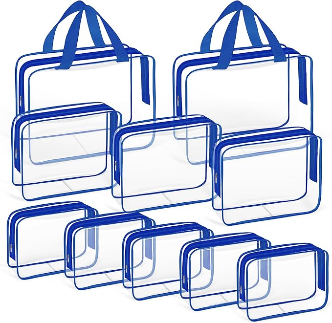 TISRATOK 10 PCS Clear Travel Makeup Toiletry Bag, Plastic PVC Cosmetic TSA Approved Organizer Kit with Zipper Handbag（Blue）