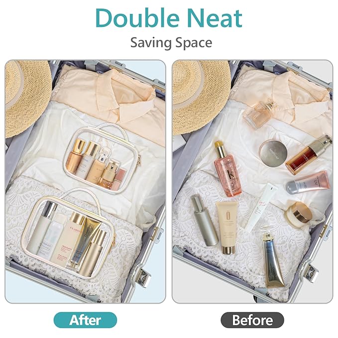 PACKISM TSA Approved Toiletry Bag - Ruched Textured Clear Makeup Bag, Iridescent White, with 180° Large Opening and Supporting Frame, Perfect for Travel Essentials, Thick No Smell