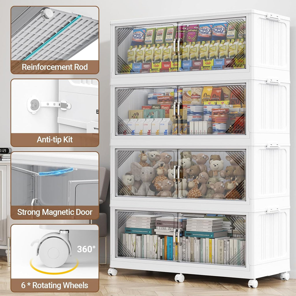 165Gal Plastic Stackable Storage Bins with Lid, 660QT Extra Large Closet Organizers Collapsible Cabinets Boxes With Drawers, Foldable Containers with 6x Wheels for Home Kitchen, V60 3Pack White