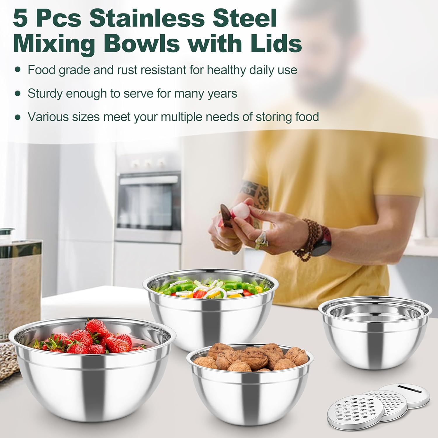 TeamFar Mixing Bowls, Stainless Steel Salad Serving Bowl with Clear Lids & 3 Graters, For Kitchen Cooking Prepping Storing, Size 4.6/2.6/1.5/1/0.7 QT, Nesting & Airtight, Set of 5 & Black