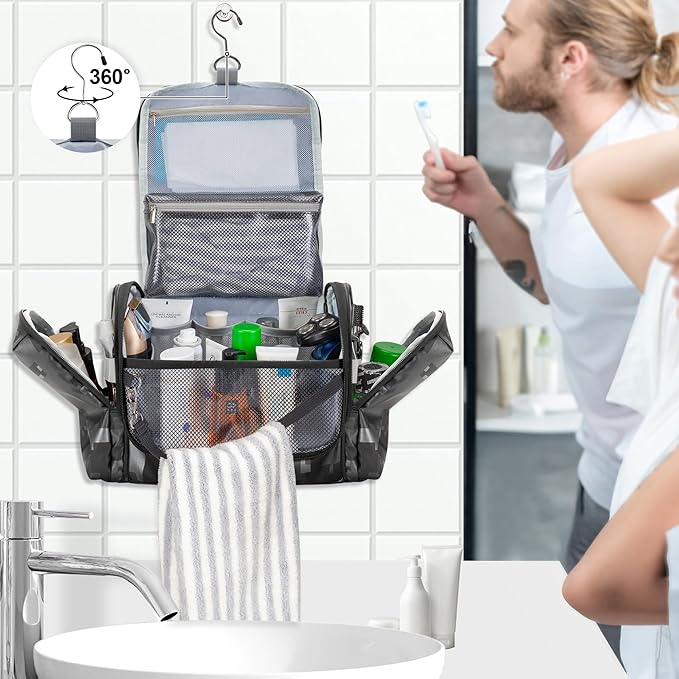 Hanging Toiletry Bag for Men, Tactical Dopp Kit Toiletry Travel Bag, Large Hygiene Organizer Shower Bag for Camping Outdoor, Black Digital