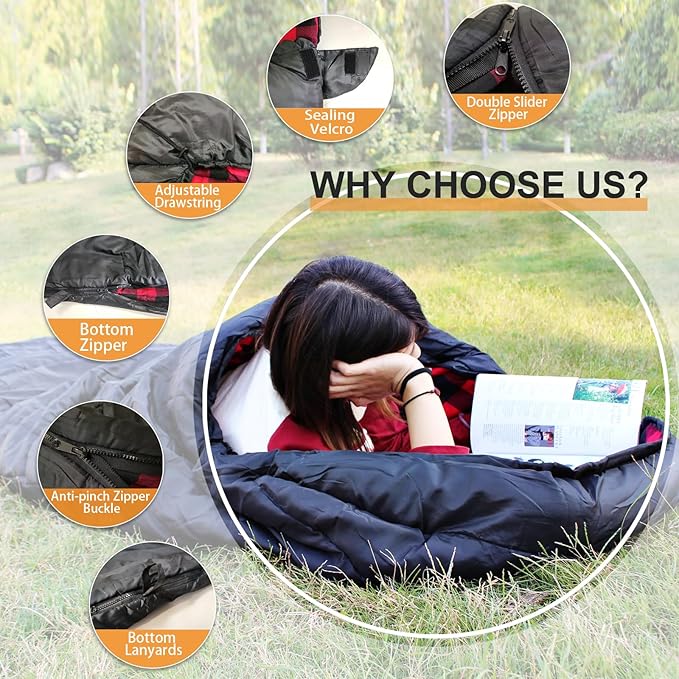 0 Degree Sleeping Bag 100% Cotton Flannel XXL Cold Weather Winter Oversized Sleeping Bag for Adults Camping Zero Degree Big and Tall with Compression Sack