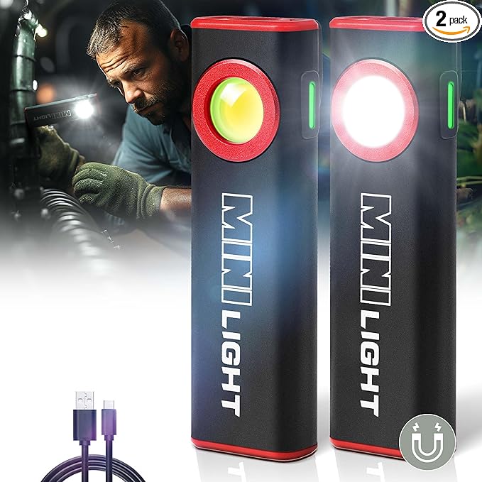 lexall 2 Pack LED Work Light, 1600 Lumens Mini Magnetic Flat EDC Flashlight with Clip, 3 Modes Portable Ultra-Light Bright Waterproof Pocket Light for Working, Camping, Repairing, Emergencies