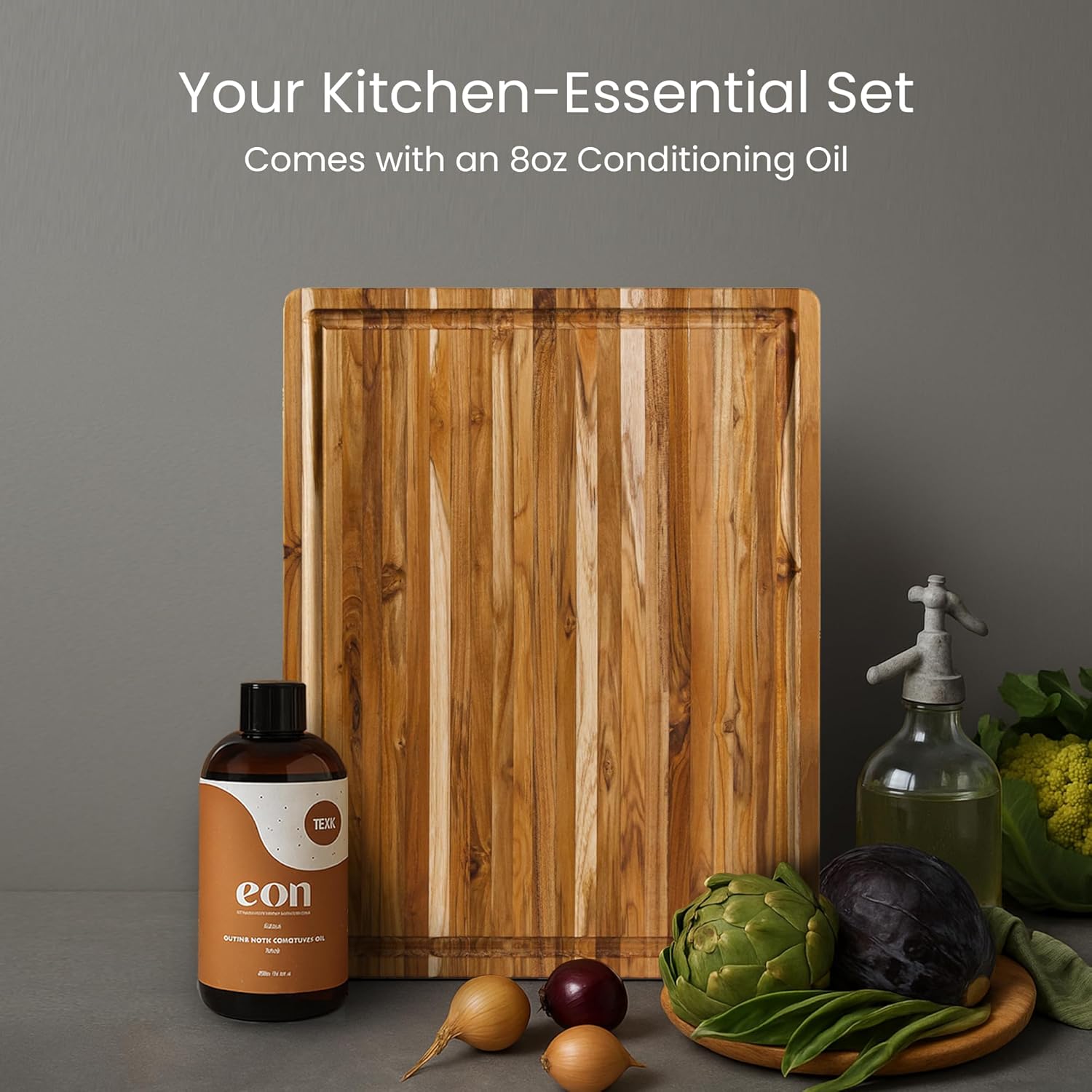 Teakhaus Carving Board and Cutting Board Oil Set - Includes Small (S) Wood Cutting Board with Juice Groove and EON Food Grade Mineral Oil - Knife-Friendly - FSC Certified
