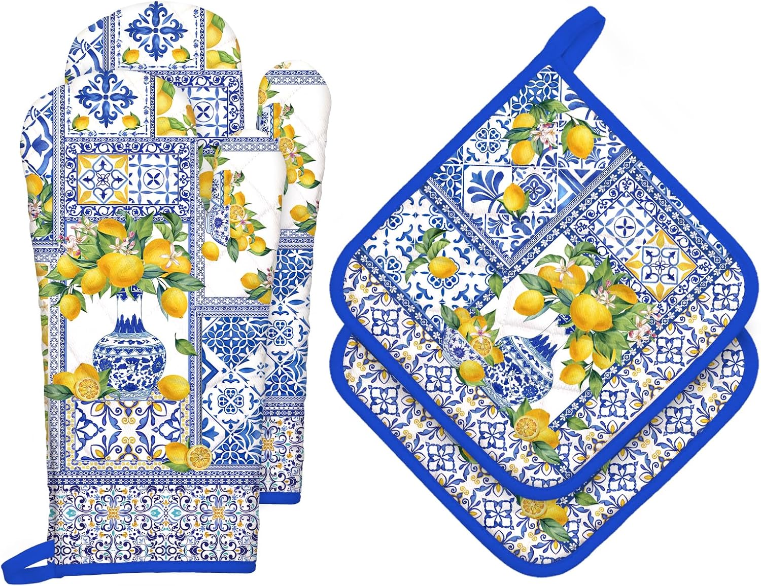 Yellow Lemon Oven Mitts and Pot Holders Sets 4Pcs, 100% Cotton Heat Resistant, Extra Long Oven Gloves Potholder for Kitchen Cooking Baking Decoration