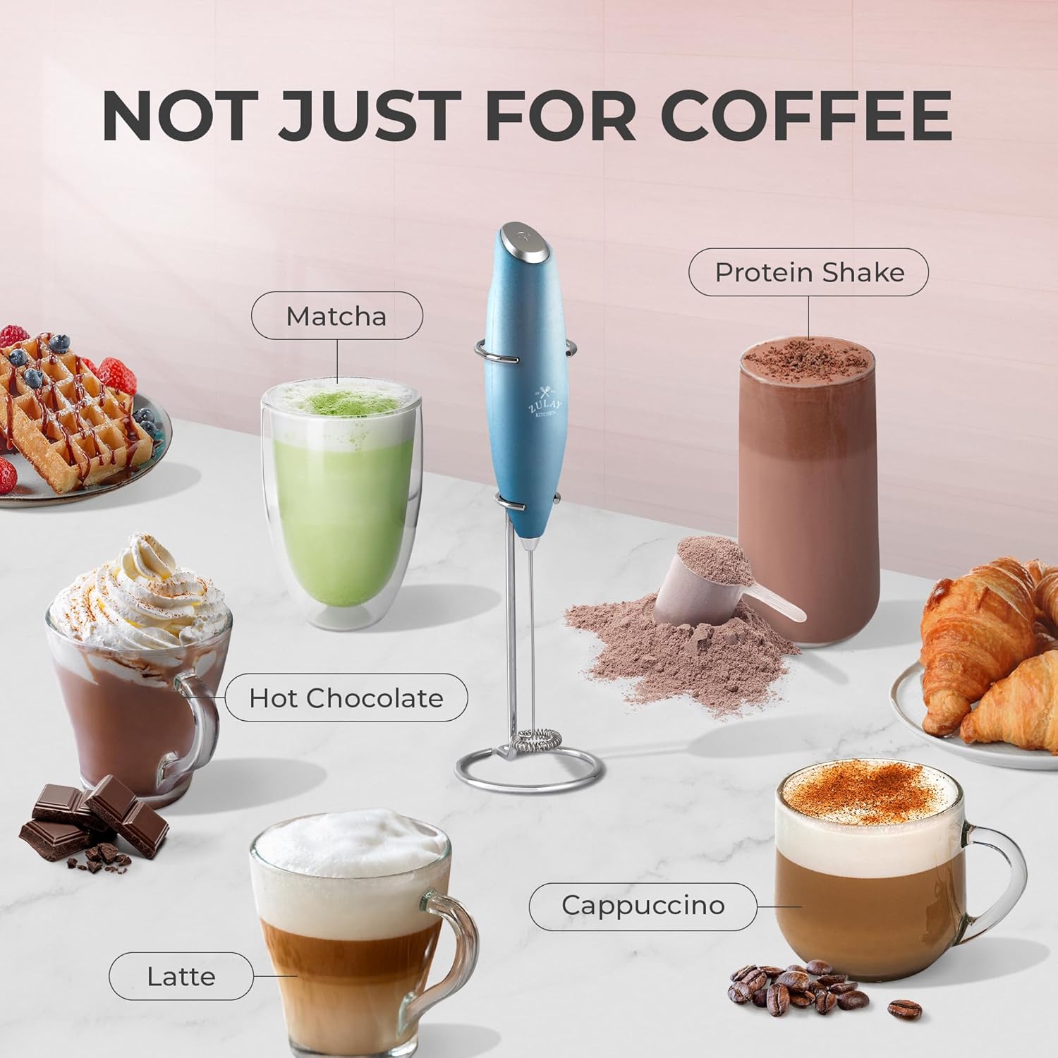 Zulay Kitchen Powerful Milk Frother Wand With 4 AA Duracell Batteries - Ultra Fast Handheld Drink Mixer - Electric Whisk Foam Maker for Coffee, Lattes, Cappuccino, Matcha & Creamer -