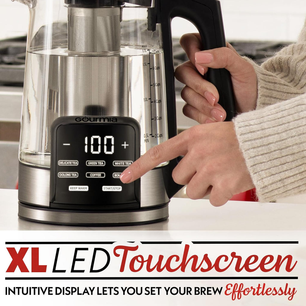 Gourmia Electric Programmable Glass Kettle – 1.7L Temperature Control Tea & Coffee Kettle with Digital Touch Display, 6 Presets, Keep Warm, Removable Stainless Steel Infuser, 360° Swivel Base – Red
