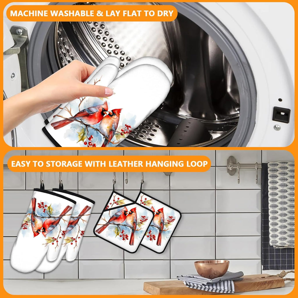 Red Cardinal Birds Oven Mitts and Pot Holders Sets 4Pcs,Extra Long Oven Gloves Potholder for Kitchen Cooking Baking BBQ 100% Cotton Heat Resistant