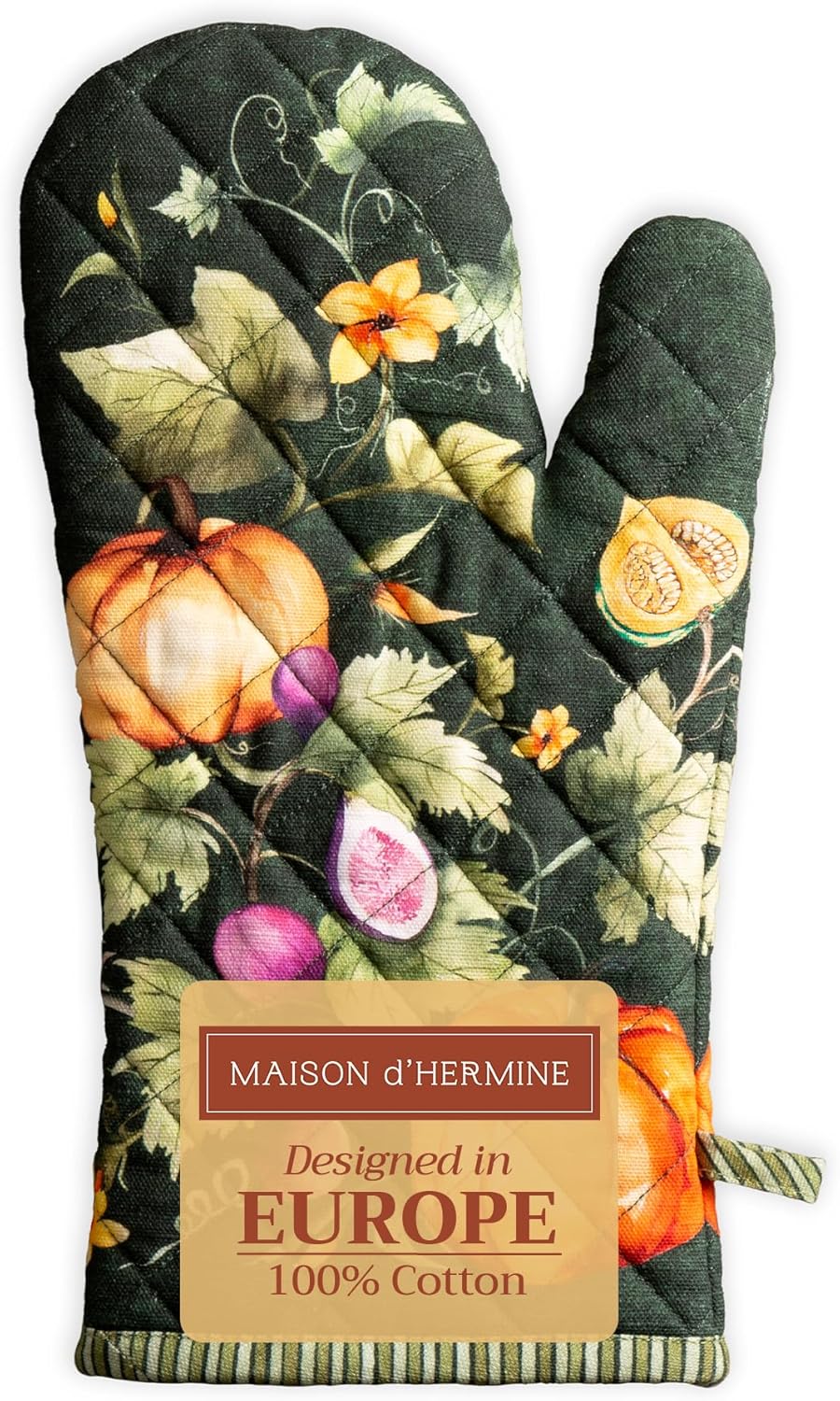 Maison d' Hermine Oven Gloves 100% Cotton Oven Mitt 7" x 13" with Loop Heat Resistant, BBQ, Cooking Gloves, Baking, Grilling, Kitchen, Handling Hot Pans (Pack of 1, Pumpkin Garden - Dark Green)