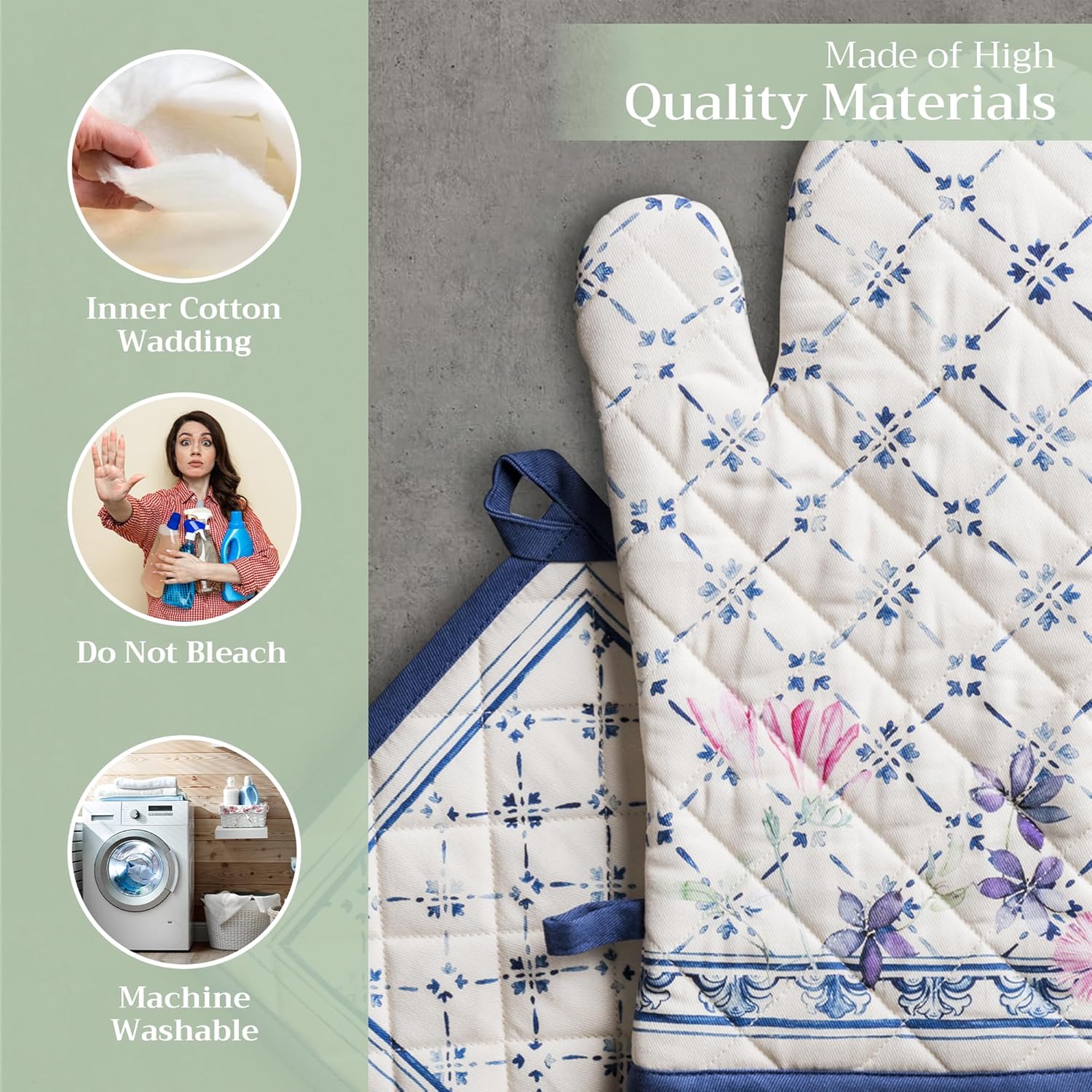 Maison d' Hermine 100% Cotton Oven Mitt & Pot Holder Set (7.5"x13" & 8"x8") Heat Resistant BBQ Cooking Gloves with Loop, Baking, Grilling, Kitchen, Handling Hot Pans Spring/Summer (Faience)