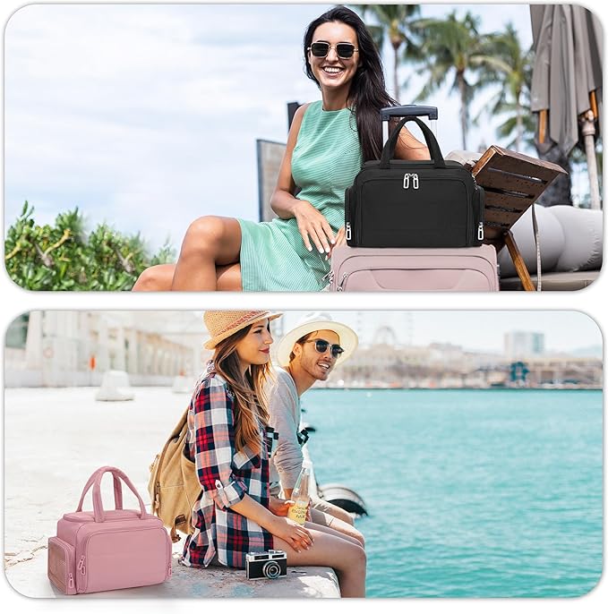 Travel Toiletry Bag for Women, Lightweight Wide-open Toiletries Travel Bag with Handle, Large Cosmetic Organizer with Makeup Brushes Compartment for Essentials for Trip, Camping - Black