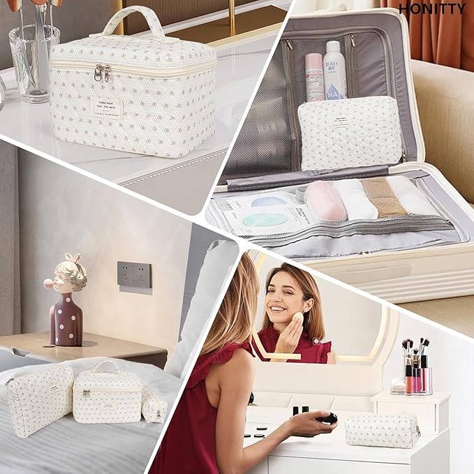 Makeup Bag,Quilted Cosmetic Bags,Large Floral Make Up Organize bag,Makeup Bag Set for Women,Flower Travel Toiletry Bag