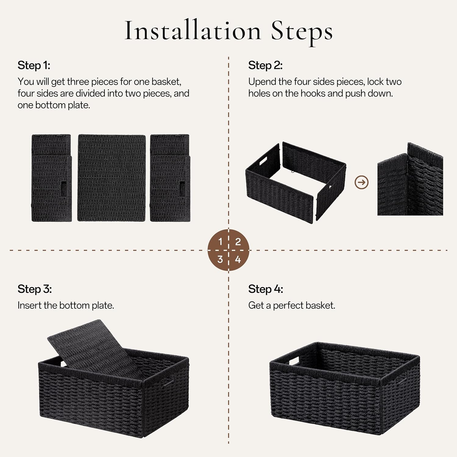 UBBCARE 4 Pack Wicker Basket, 13.4L×8.3H×7.1W inch Woven Paper Rope Storage Baskets for shelves, Foldable Rectangular Storage Baskets with Handle, Storage Basket for Organizing, Black