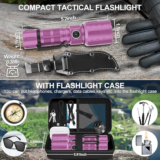 Flashlights High Lumens Rechargeable, 20000 Lumens Super Bright 1500 Meters Long Range Small Powerful Flashlight, 6 Modes LED Tactical Pocket Waterproof Flash Light for Home Emergency (2, Purple)