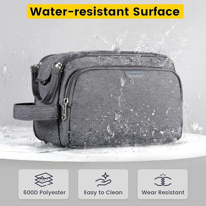 Vorspack Travel Toiletry Bag for Men - Large Mens Toiletry Travel Bag Water Resistant Dopp Kit Shaving Bag for Bathroom Toiletries Gifts - Grey