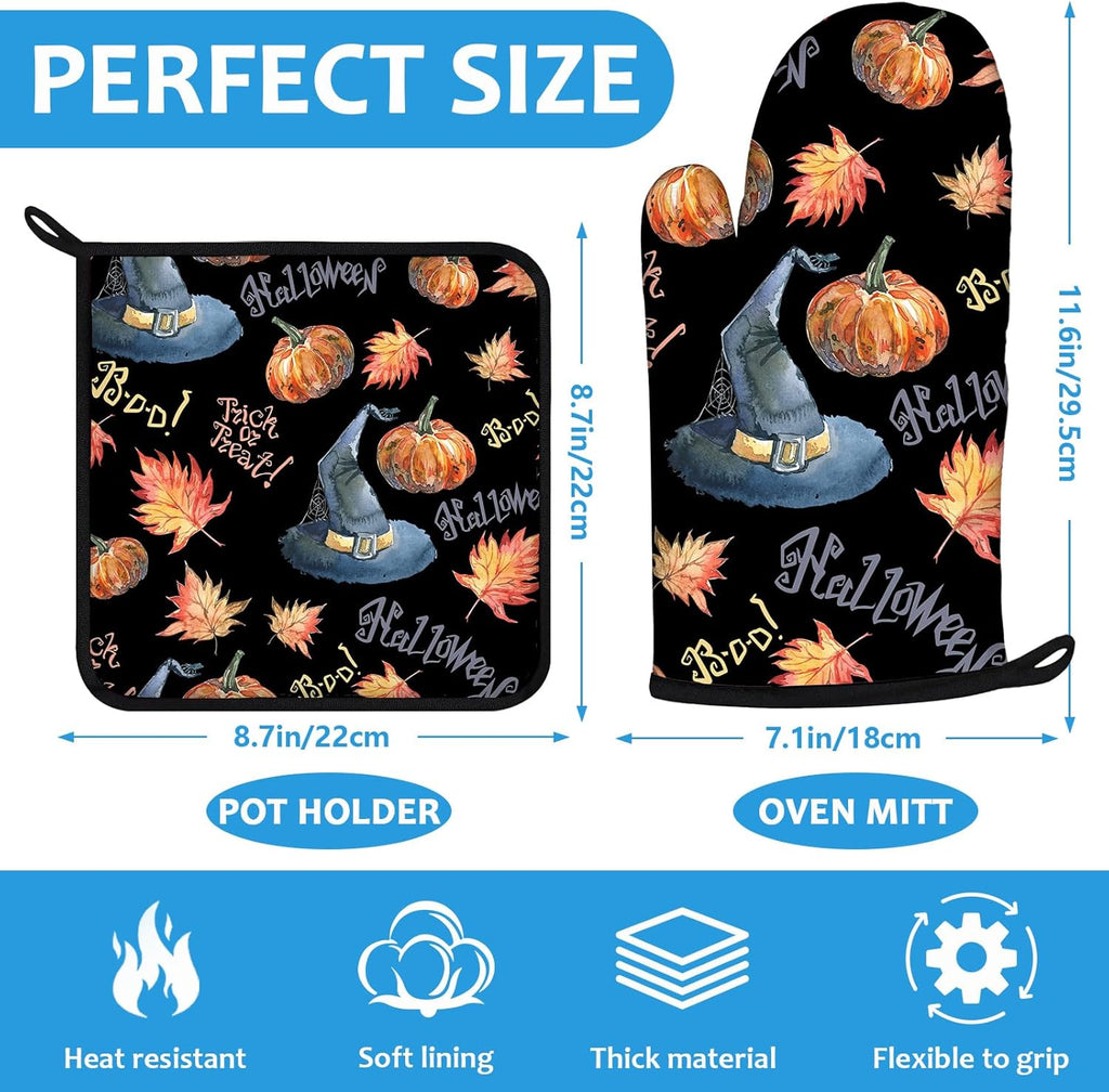 Halloween Pumpkin Autumn Maple Leave Oven Mitts and Pot Holders Sets Heat Resistant 4Pcs Potholders Oven Gloves Hot Pads for Kitchen Baking Cooking Grilling BBQ