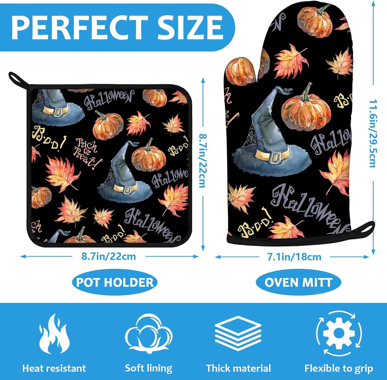 Halloween Pumpkin Autumn Maple Leave Oven Mitts and Pot Holders Sets Heat Resistant 4Pcs Potholders Oven Gloves Hot Pads for Kitchen Baking Cooking Grilling BBQ