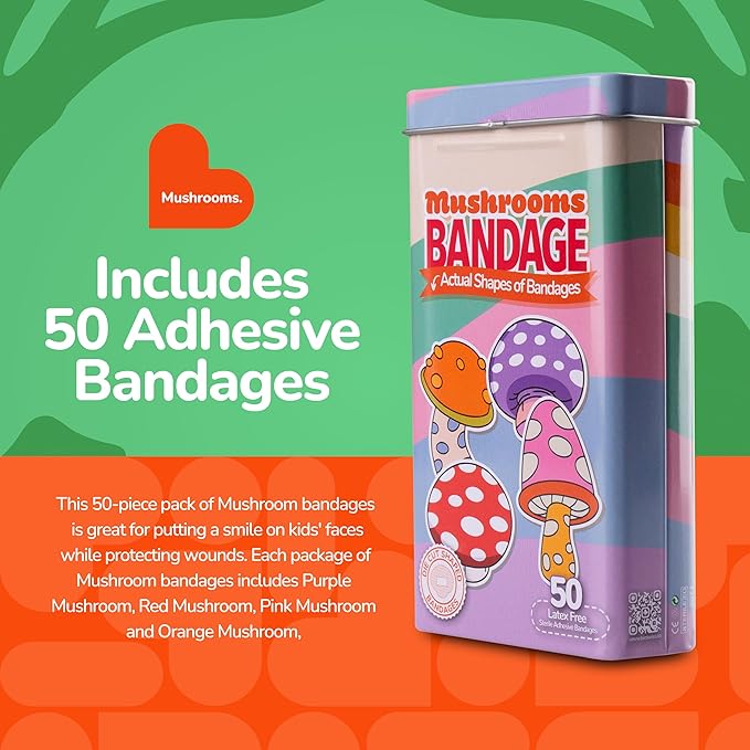 BioSwiss Bandages, Mushroom Shaped Self Adhesive Bandage, Latex Free Sterile Wound Care, Fun First Aid Kit Supplies for Kids and Adults, 50 Count