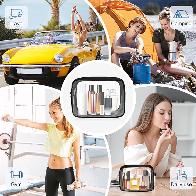 Moyad TSA Approved Clear Toiletry Bag, 2 Pack Quart Size 3-1-1 Liquids Pouch for Travel, Transparent Makeup & Cosmetic Organizer for Women Men, Black