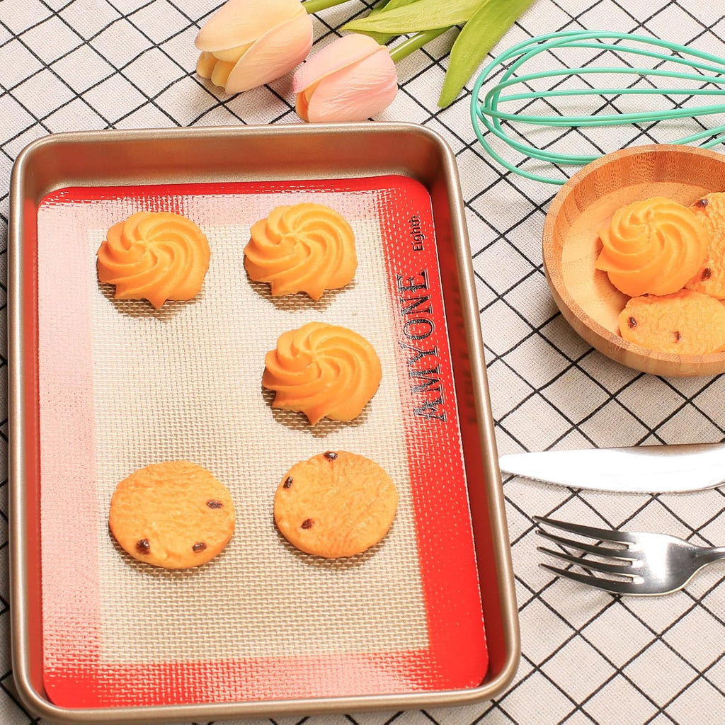 AMYONE Silicone Baking Mat for 1/8 Sheet Pan, Eighth Non-Stick Silicone Baking Sheet Liner for Cookie Macaron Bread Pastry, Food Grade Silicone Mat for 9 x 7-inch Small Toaster Oven Tray, 2 PCS