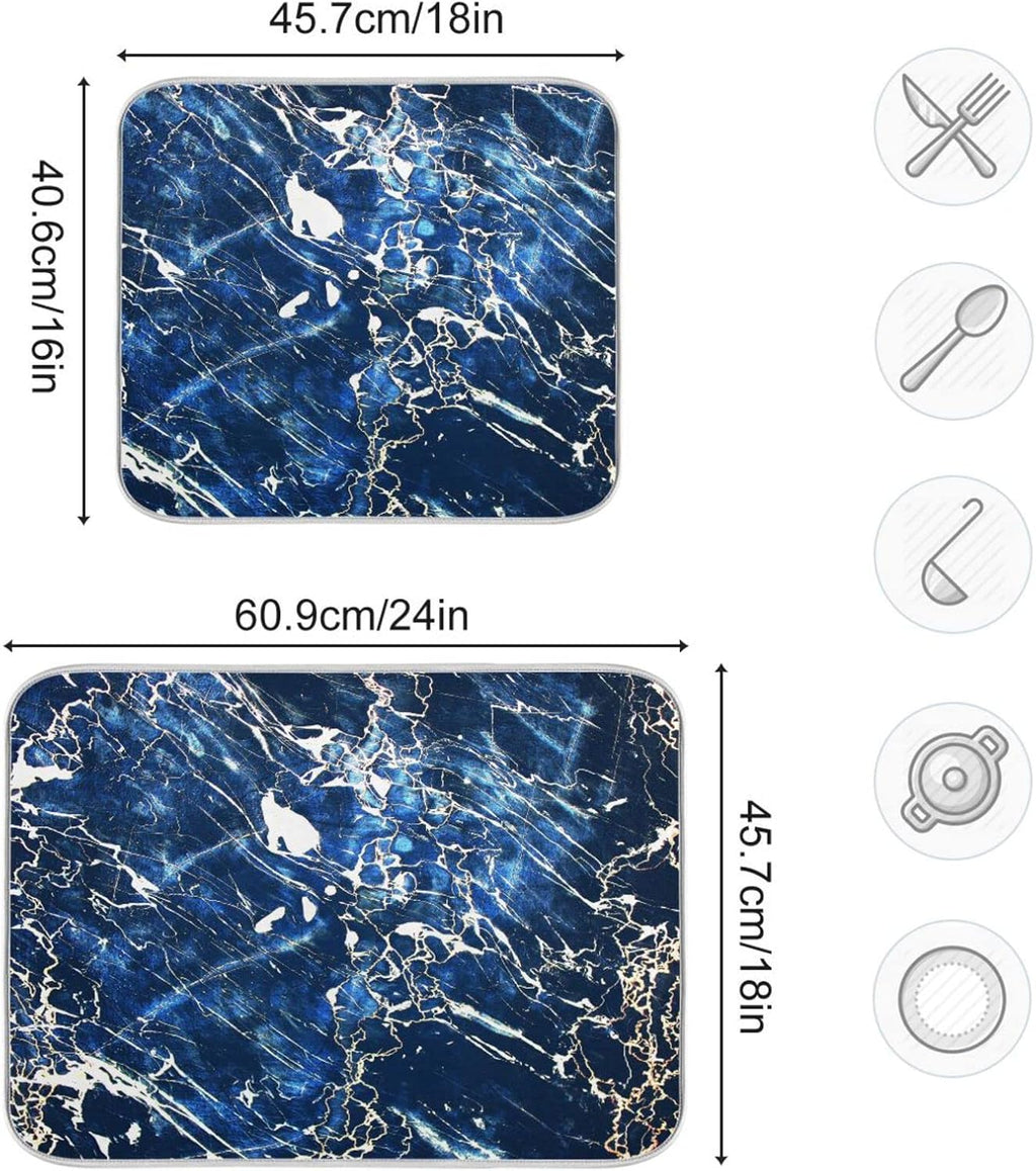 Super Absorbent Dish Drying Mat, Microfiber Fast-Drying Dish Mat, 16" x 18", Kitchen Dish Drying Pad, Marble Black Navy Blue