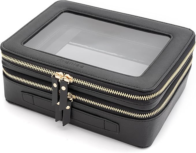 Aveniee Clear Makeup Bags, Double Layer Cosmetic Bags with a Separate Brush Compartment, Travel Toiletry Bag Train Case for Women, Travel Accessories Organizer for Purse(2 Layers Large, Black)