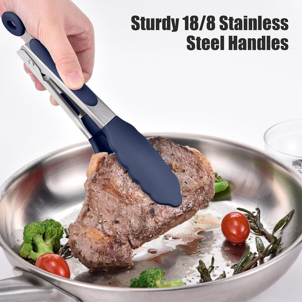 Doosu Kitchen Tongs for Cooking - 600°F Heat Resistant Food Tong with Non-Scratch Silicone Tips, Heavy Duty Stainless Steel Locking Tong for BBQ, Grilling Steak, Serving Salad Pasta (7in, Navy Blue)