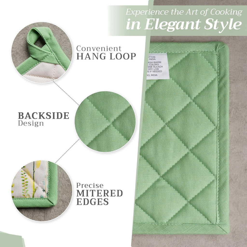Maison d' Hermine Pot Holders 100% Cotton Heat Resistant Potholders 8" x 8" Hot Pads with Loop BBQ, Cooking, Baking, Grilling, Kitchen, Handling Hot Pans Spring/Summer (Pack of 1, Botanical Fresh)
