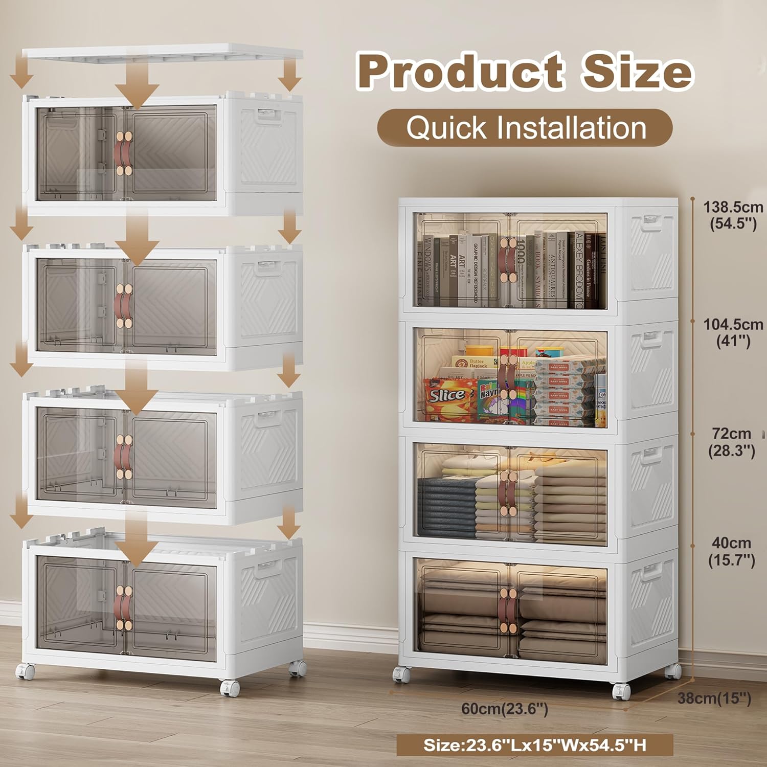 SAILUN 331QT/82 Gal Extra Stackable Storage Bins Large Collapsible Storage Bins with Wheels and Lid, Open Front Folding Closet Organizers and Storage,4Pack 23.6" W x 15" D x 54" H