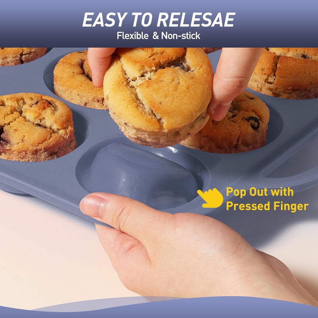 2 Packs 6 Cups Silicone Muffin Pan with Metal Reinforced Frame Jumbo Size Cupcake Pan Tray Egg Bites Silicone Circle Round Cookie Molds Muffin Tin Tall Tart Pans Baking Sheet Breakfast Sandwiches